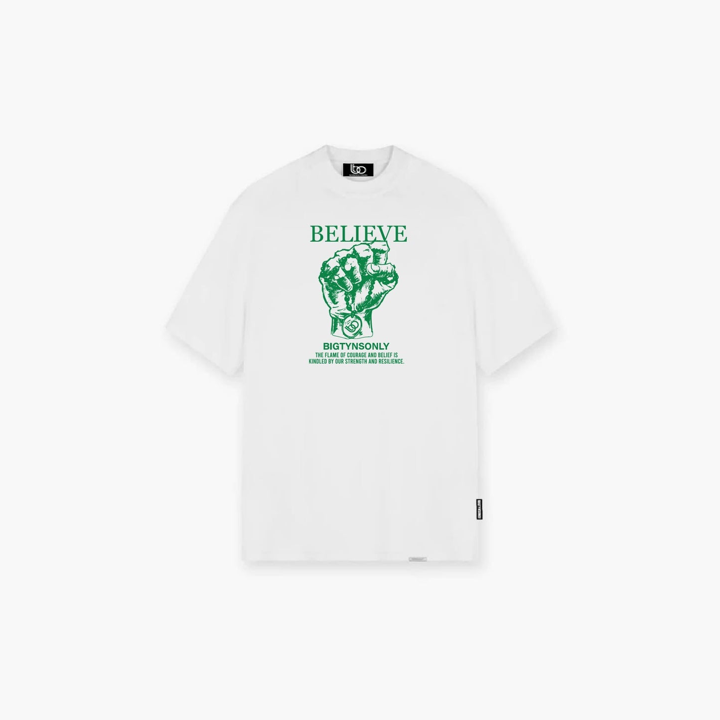 Believe T shirt. White, Green Text.