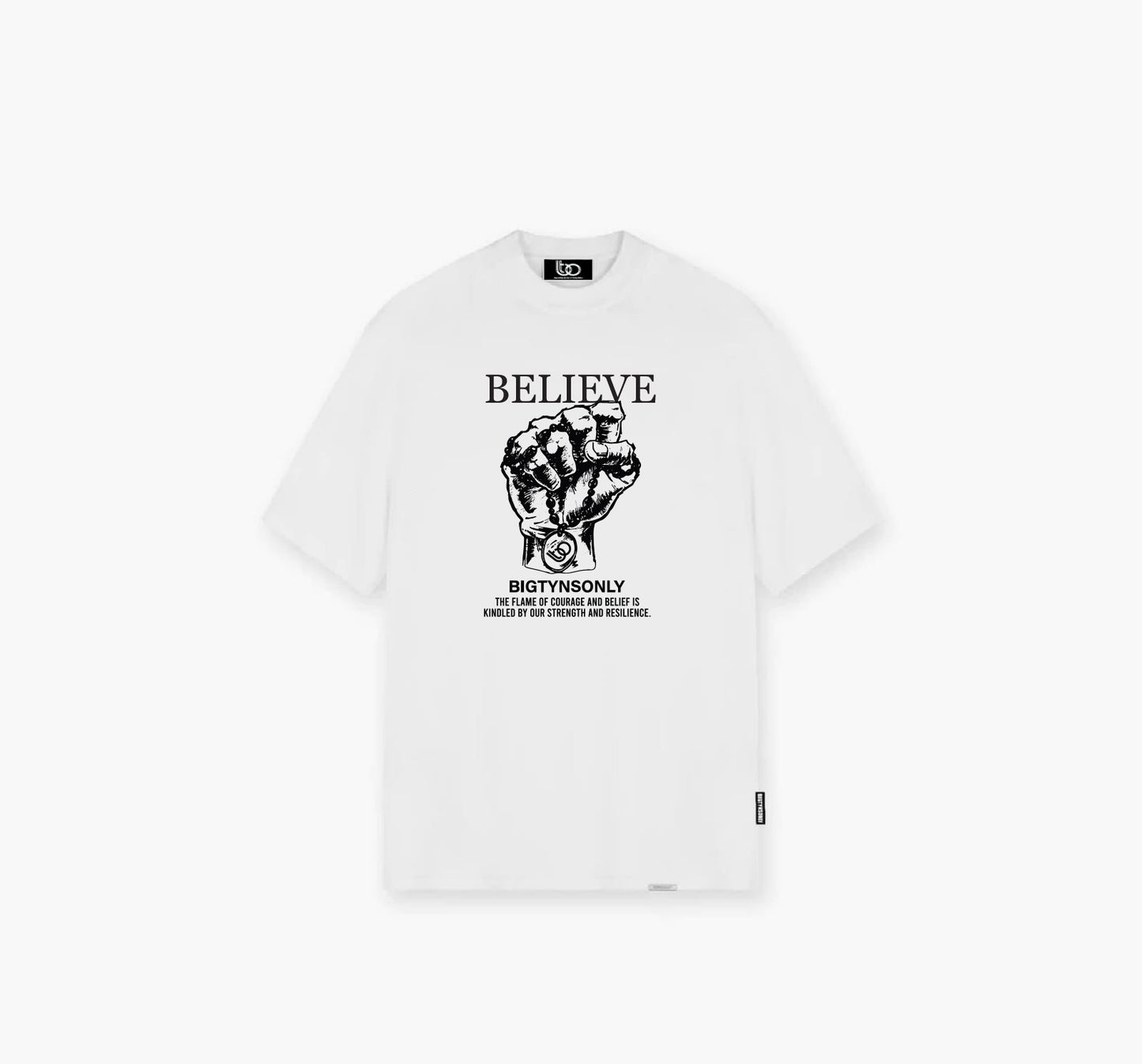 Believe T shirt. White, Black text.