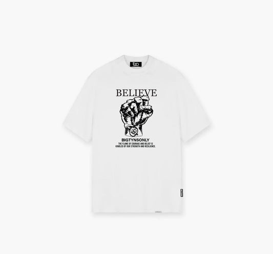 Believe T shirt. White, Black text.