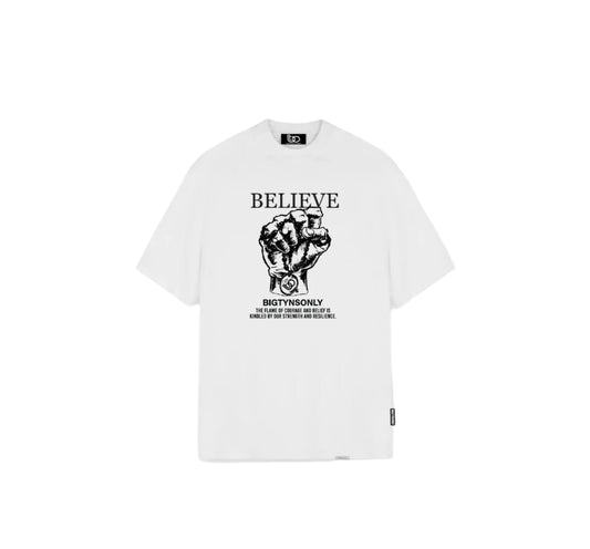 White T-shirt with 'BELIEVE' printed on the front and a graphic illustration underneath the text.